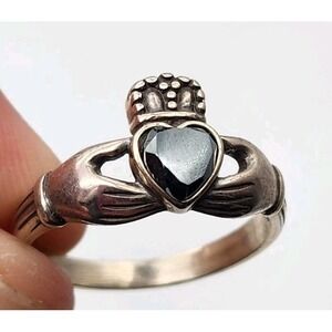 Vintage Sterling Silver Irish Claddagh Ring Black Onyx Size 8.75 WM Sterling
